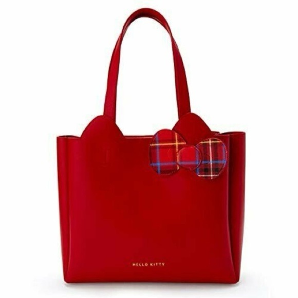 Sanrio Hello Kitty Red tote bag tartan check ribbon PU leather (rare) - Picture 1 of 13